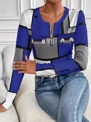 Camiseta Feminina Xadrez com Gola Redonda e Manga Longa Tendência 2025