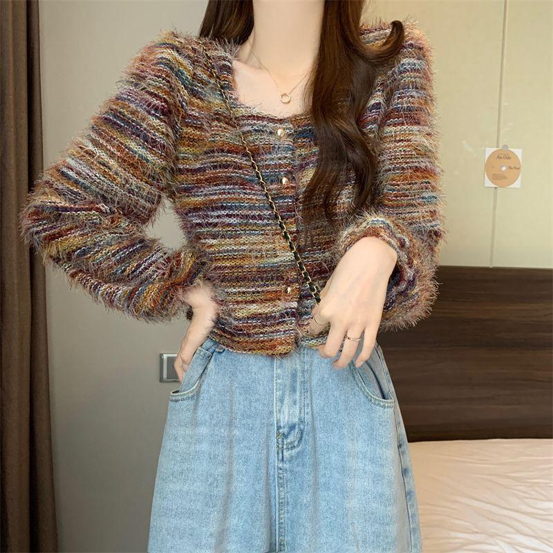 

Винтажный полосатый флисовый вязаный свитер с квадратным вырезом, женское осенне-зимнее пальто, верхняя одежда, топ с коротким/длинным рукавом, кардиган M