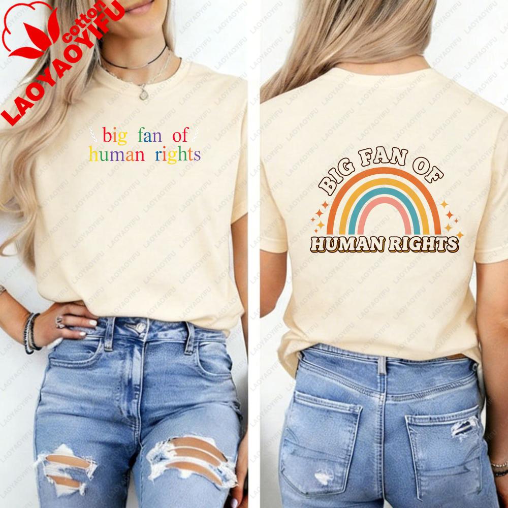 Big Fan of HuUnisex Rights Graphic TShirt Retro Rainbow Print On Front Back Crew Neck Short Sleeve Tee for Unisex Unisex Tops