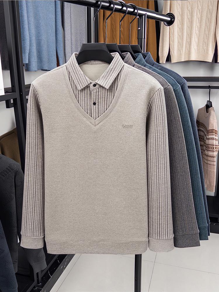 Men's Winter Turn-Down Collar Wool Sweater with Mulberry Silk & Velvet Lining - Warm Knitted Two-Piece Look