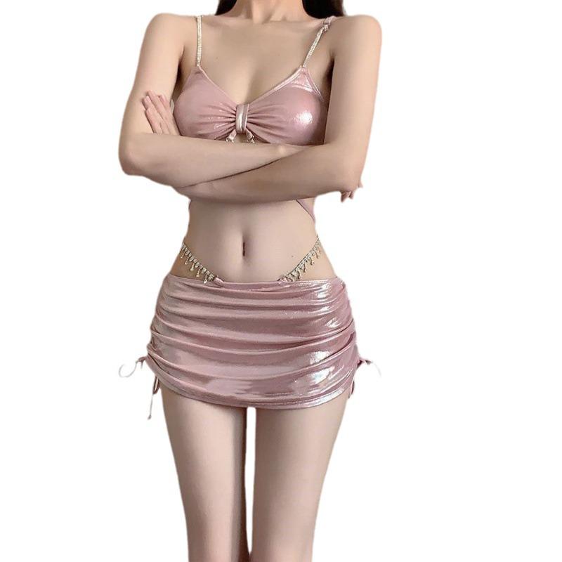 Set Bikini Sexy cu Lanț de Diamante pentru Femei: Costum de baie subțire din trei piese cu sclipici pentru vacanță și izvoare termale