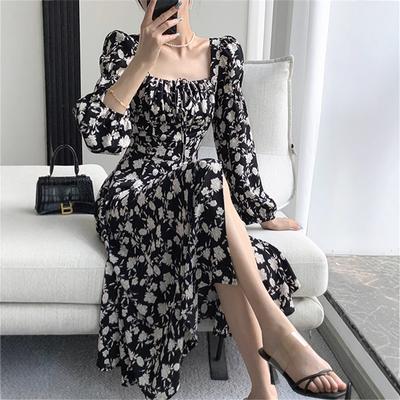 New Sexy Chiffon Temperament Long Skirt for Spring and Autumn French Retro Square Collar Puff Sleeve Floral Dress