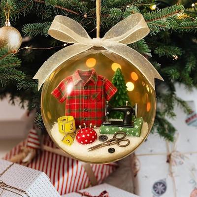 Vintage Sewing Snow Globe Christmas Tree Ornament, Hangable Holiday Decoration for Home, Office, Balcony, Tailor Shop Decor