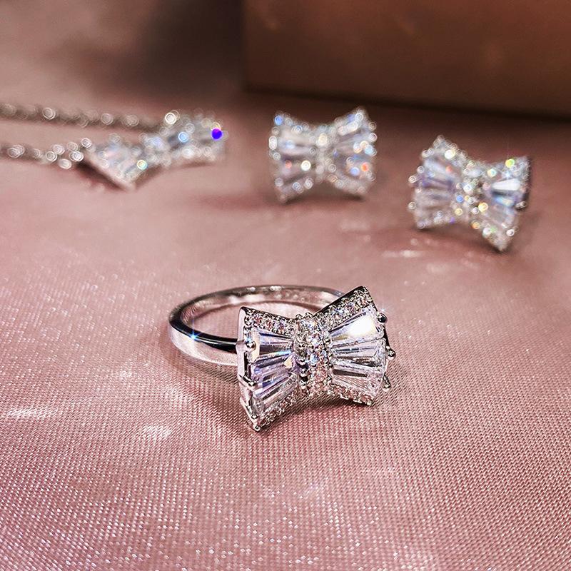 Simple bow jewelry three-piece set, platinum-plated zircon set, fashionable women's accessories