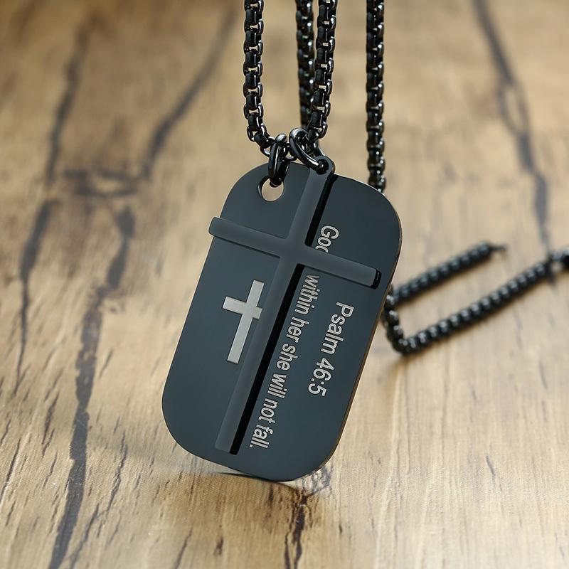 Vnox Personalized The Bible Cross Dog Tag Necklaces for Men Women, Black Stainless Steel Custom Prayer Christian Jewelry