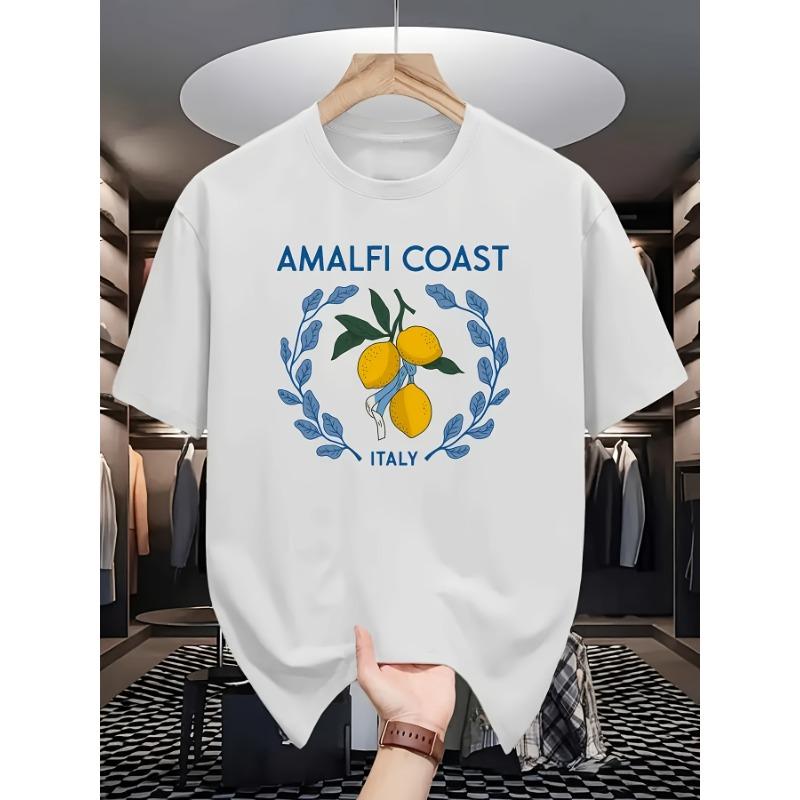 

European sizes Italian Amalfi Coast Lemon Print T-Shirt - Mediterranean Casual Summer Beachwear with Lemon & Amalfi 4XL білий