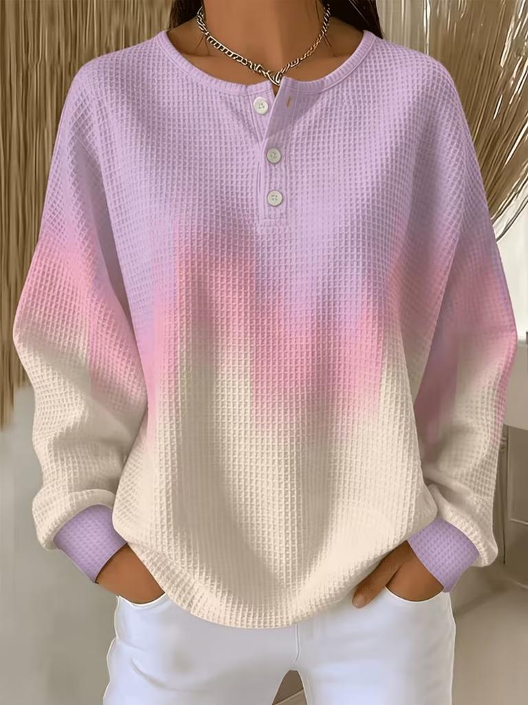 Pullover waffle da donna alla moda con stampa integrale, adatto per l'abbigliamento casual autunnale, top alla moda con mezza abbottonatura, lavabile in lavatrice