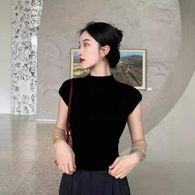A Cold Semi-turtleneck Black Modal Short-sleeved T-shirt Women's Summer Shoulder High-end Short Top