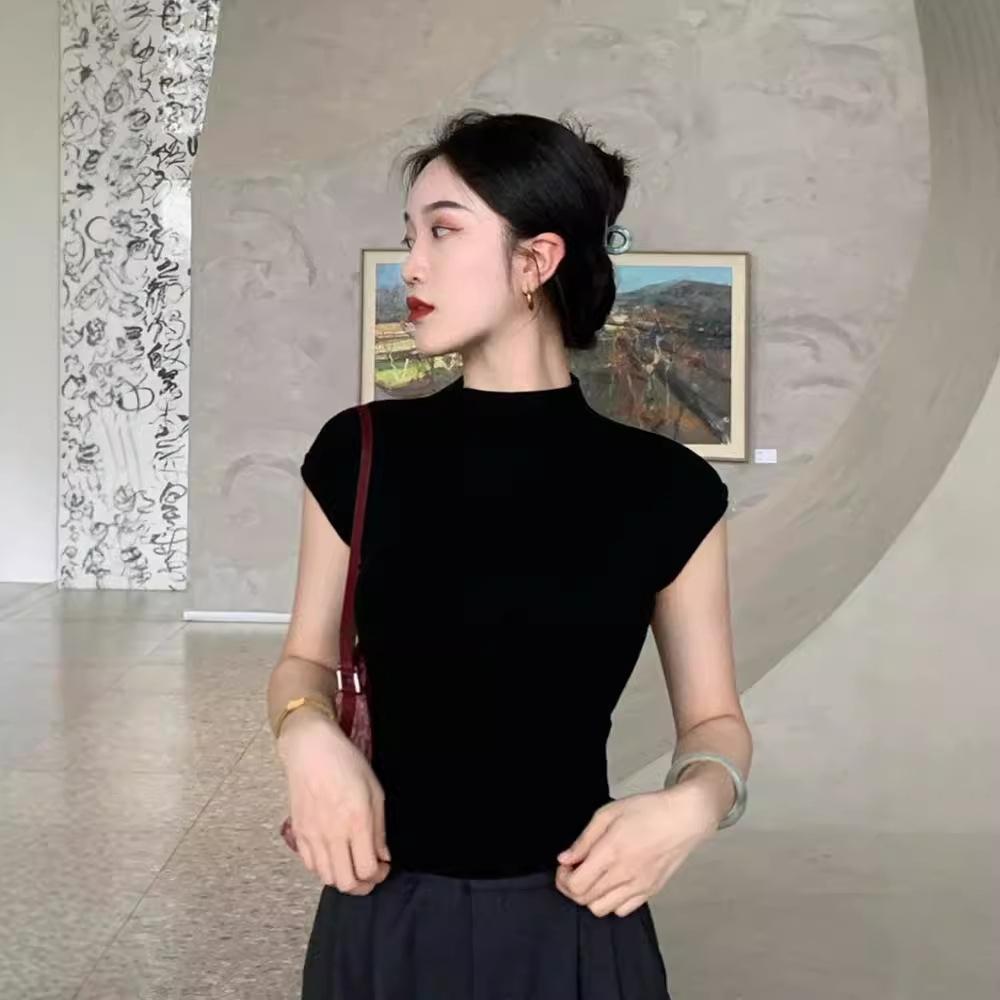A Cold Semi-turtleneck Black Modal Short-sleeved T-shirt Women's Summer Shoulder High-end Short Top