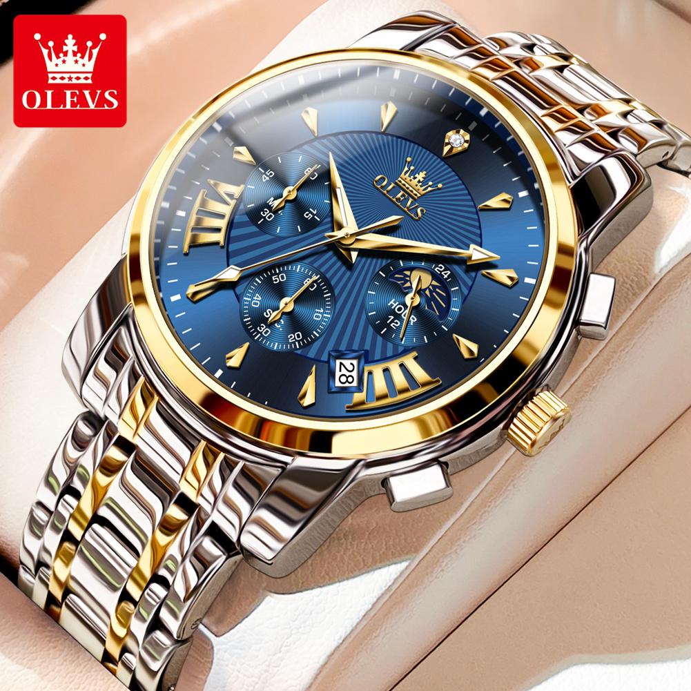 OLEVS Watches for Men Original Quartz Man Watch 24 Hour Moon Phase 30M Waterproof Chronograph Men's Wrist Watches 2892