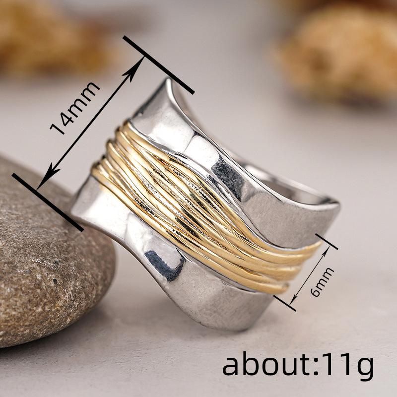 Anillo de viento metálico irregular de dos colores para mujer, diseño simple de línea retro