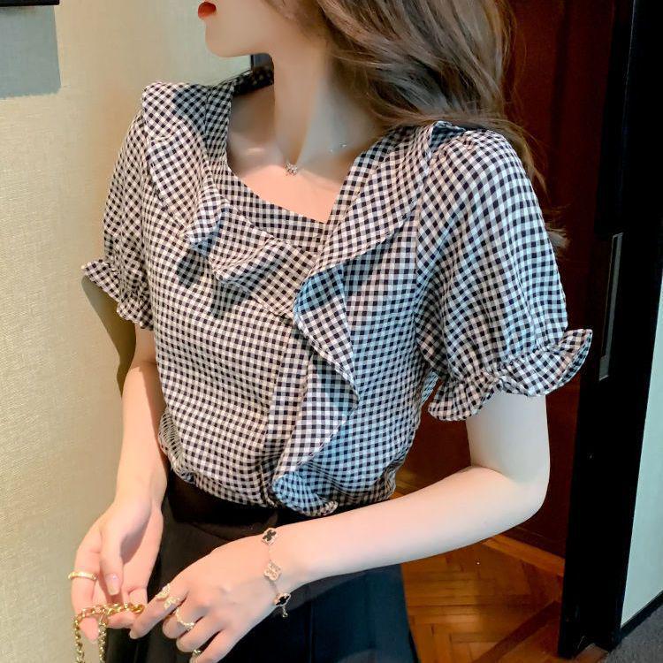 

2024 Spring Women s Loose Fit Three-Quarter Sleeve Chiffon Blouse - Cute & Casual L синій