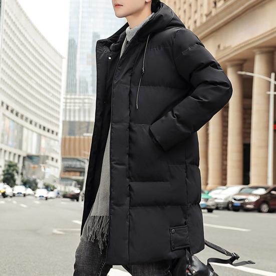 Winter Down Coat Hooded Thickened Solid Color Padded Cardigan Keep Warm Midi Length Zip Up Plus Size Men Winter Coat for Daily Wear