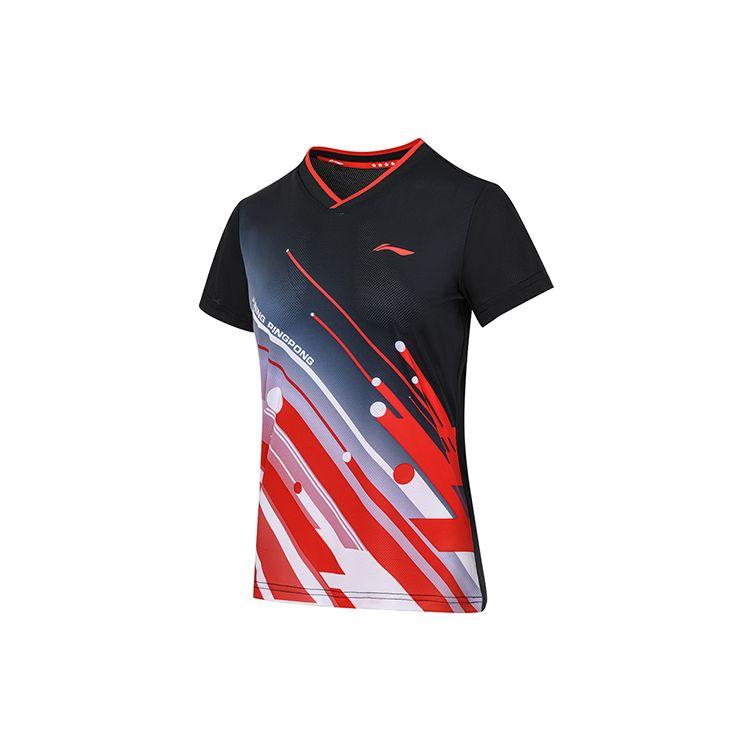 Li-Ning Série Ping Pong Casual Esportivo Secagem Rápida Manga Curta Camiseta Feminina Tops Preto AAYS018-1