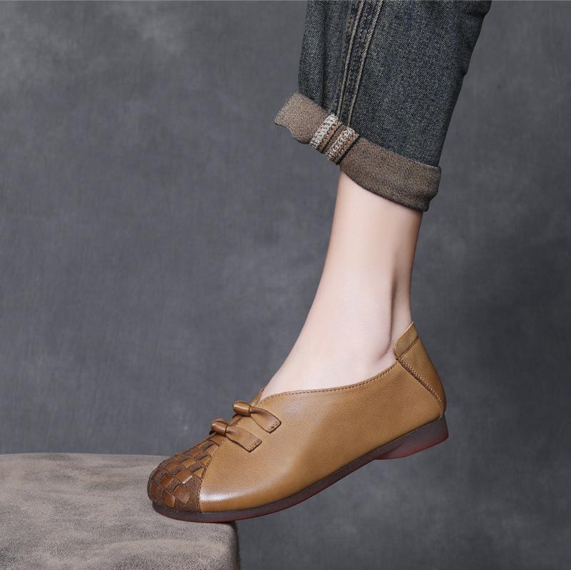 Johnature Genuine Leather Retro Soft Soled Slip-on Shoes Versatile Comfortable Women's Flat Shoes