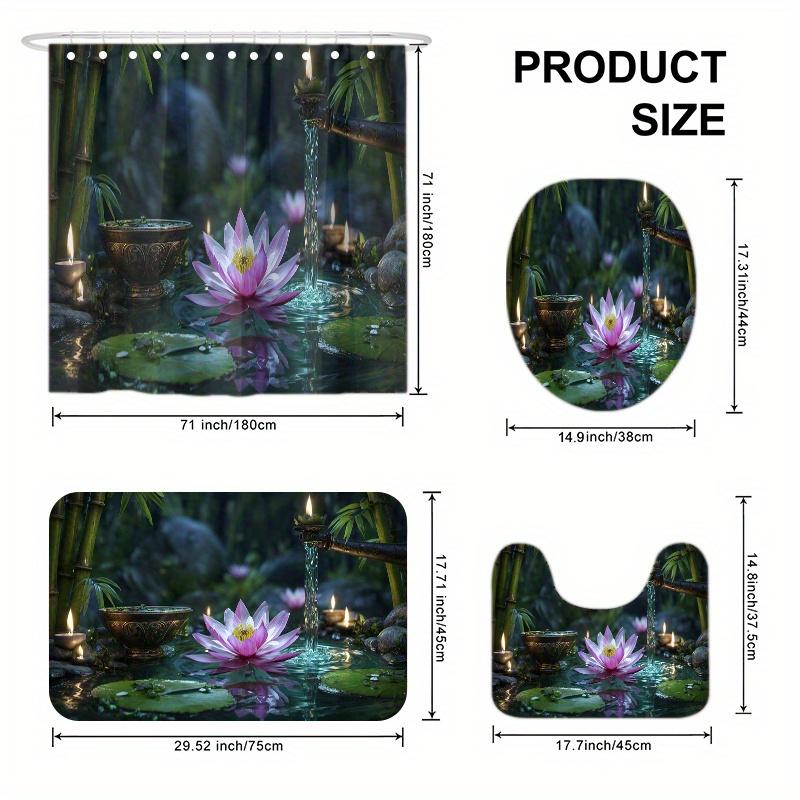 4pcs Zen for Lotus Pond Night Scene Printed Shower Curtain Set, Bathroom Decor Kit Includes Shower Curtain, Non-Slip Mat, Toil