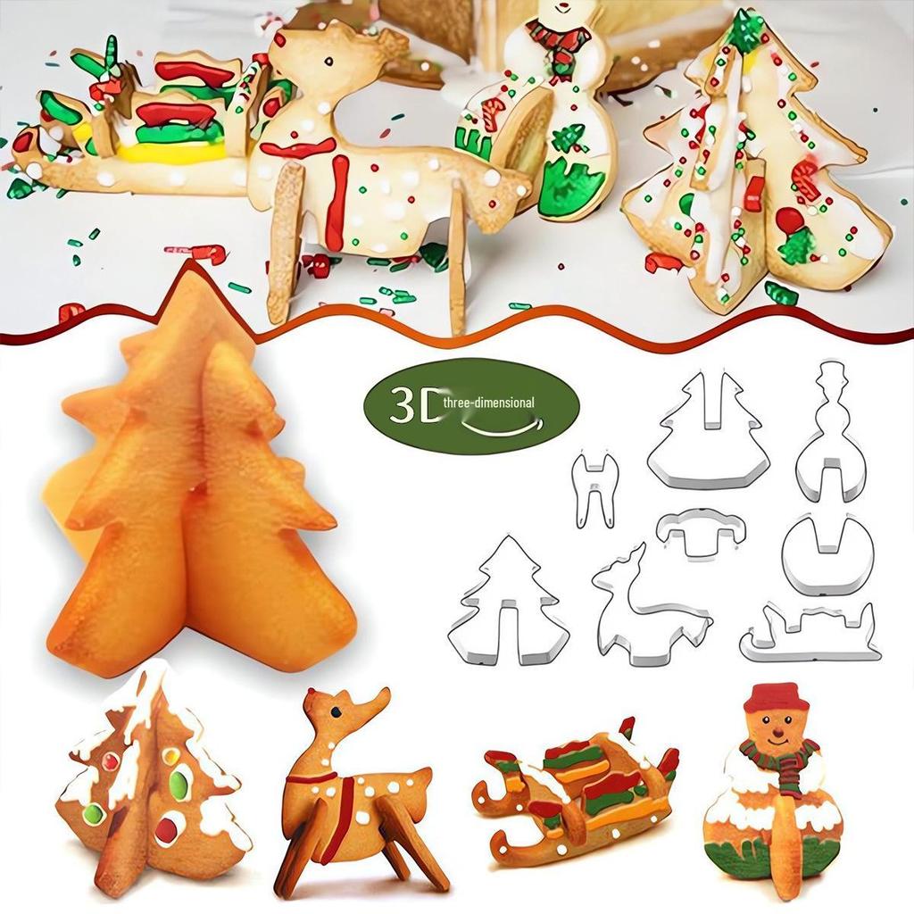 3D Christmas Cookie Cutters Set: Snowman, Reindeer, Sleigh & Tree - Stainless Steel
