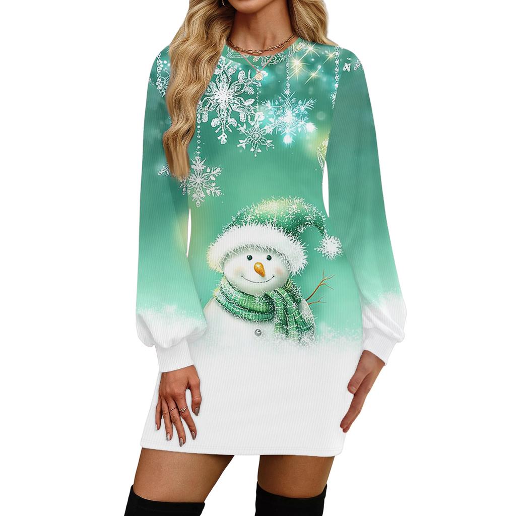 Rochie casual de modă pentru femei, cu imprimeu de Crăciun, cu gât rotund și mâneci lungi