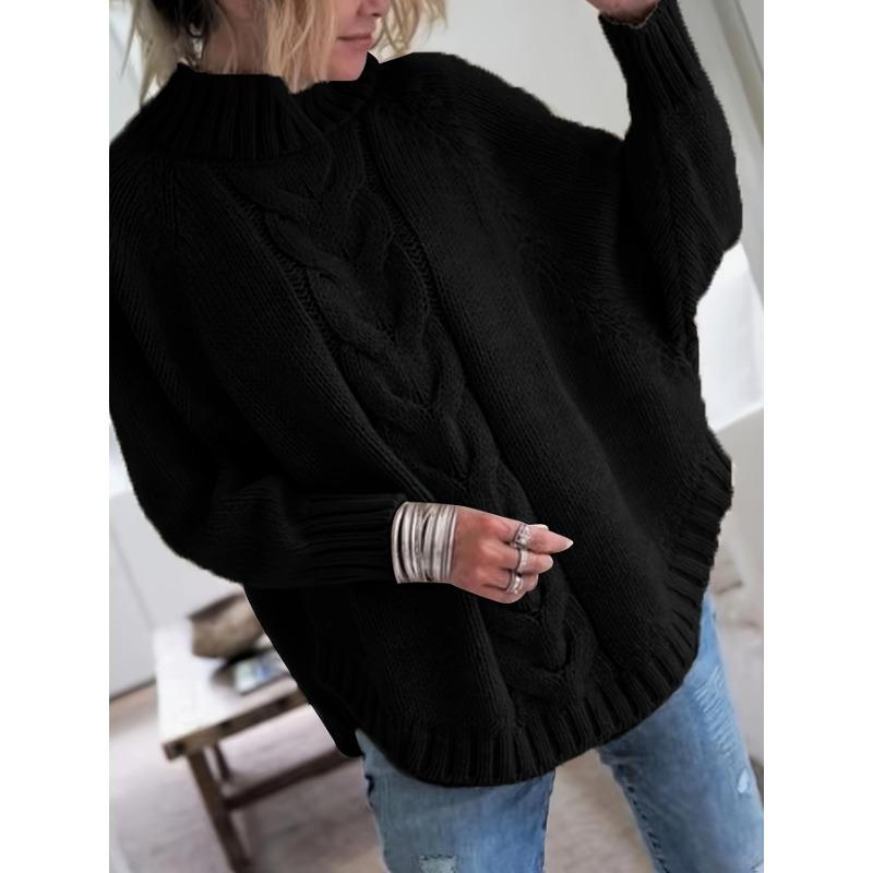 Women'S Vintage-Inspired Black Cable Sweater with High Neck, Loose Fit, Casual, Everyday Pullover, Vintage Sweater | Cable Pattern, Sweater Dress
