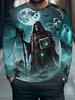 Men Long Sleeve T‑Shirt Necromancer Wizard Moon Skeleton 3D Print Gothic Halloween Street Casual Top