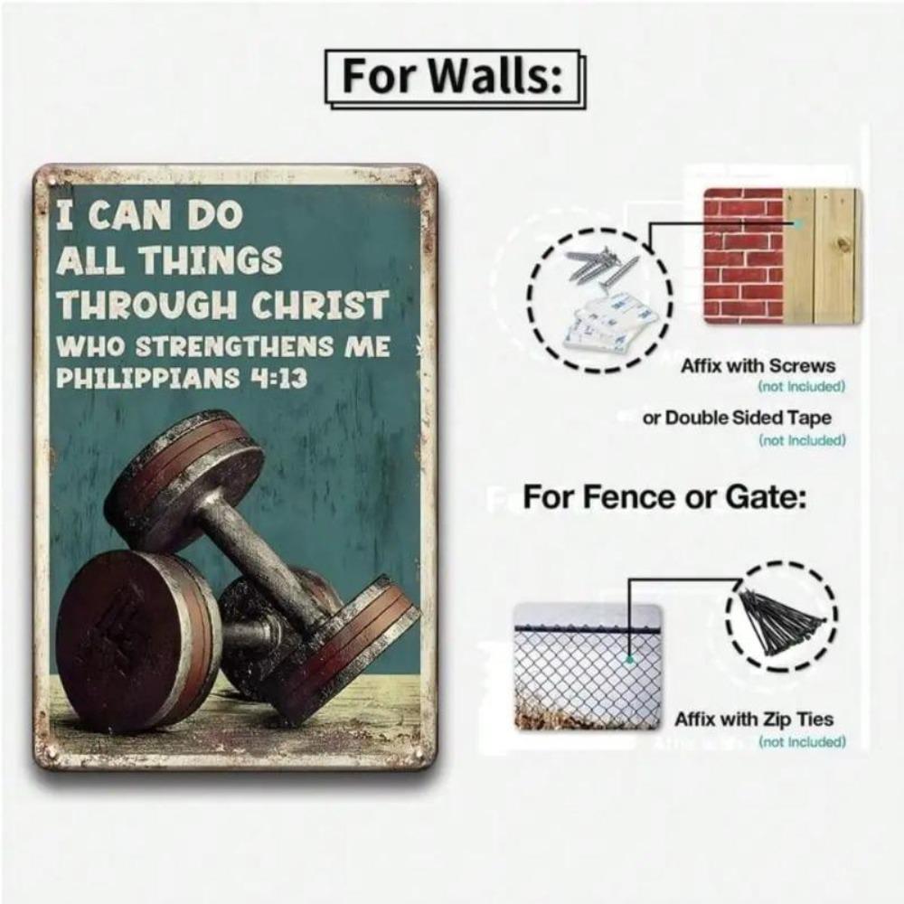 Vintage Religious Fitness Metal Wall Art Philippians 4 13 Dumbbell Decor Home Gym Christian Gift