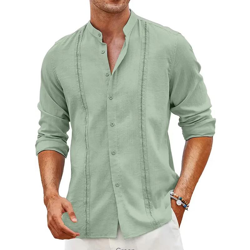 Herrkläder Casual Långärmade Enfärgade Skjortor Toppar Vår Sommar Mode Stand Collar Lösa Linne-T-shirts Kofta Herr Streetwear