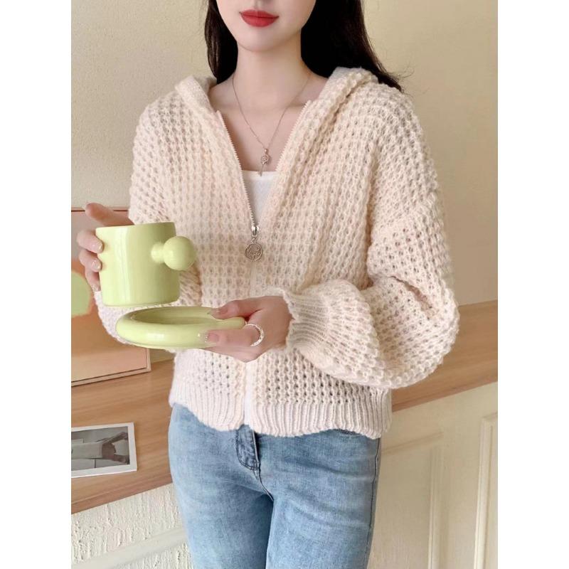 Autumn Winter New Zipper Knitted Hooded Sweater Jacket Korean Retro Cardigan Women Coats Casual Slim Fit Knitwear Jackets Simple Elegant Solid Top