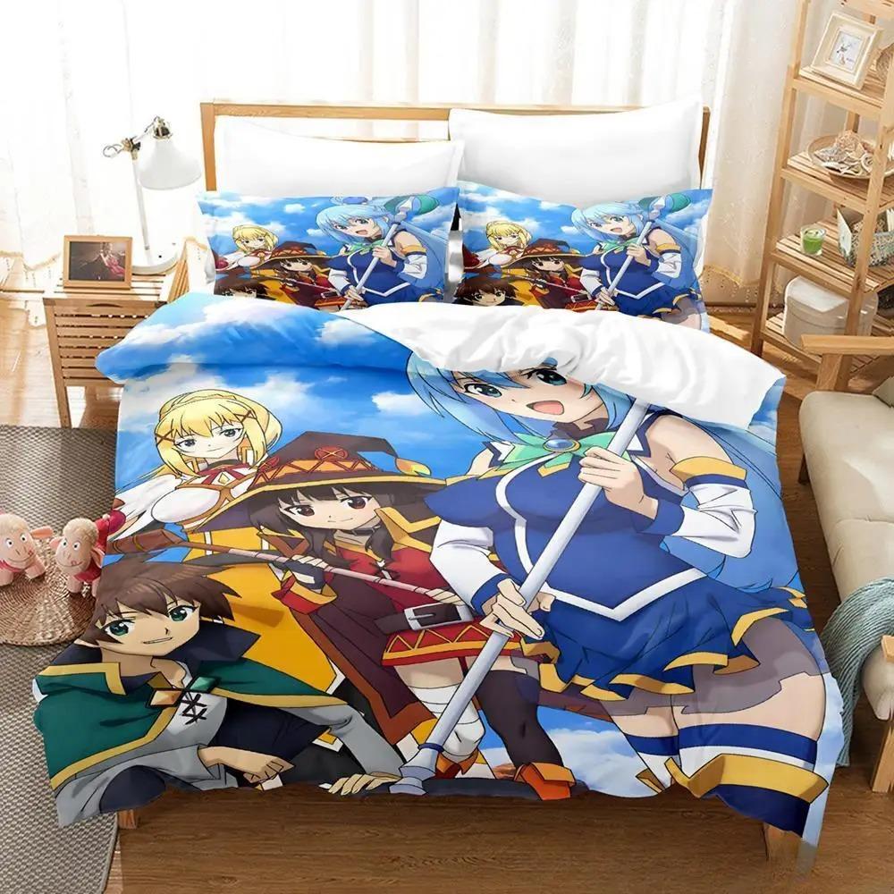 Kawaii KonoSuba Bedding Set 3D Anime Duvet Cover King Size for Adult Kids Bedroom Cartoon Girls