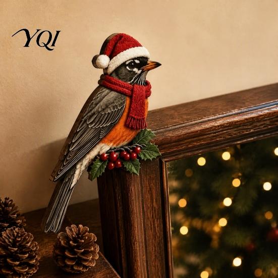 Christmas Door Corner Decoration Wooden Bird Topper, Cute Statue, Woodland Animal Frame Festive Home Wall Decor Art Sign for Winter Holiday