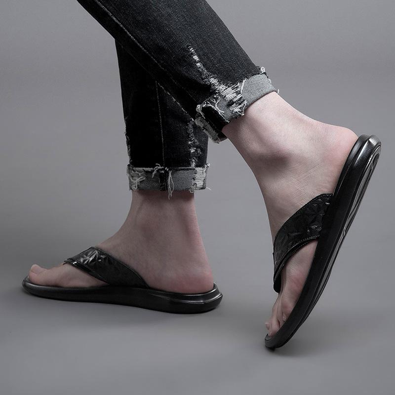 2801 Men'S Leather Flip-Flops Shoes Summer Toe Flat Bottom Outdoor Embossed Cowhide Surface Casual Sandals Cool Slippers