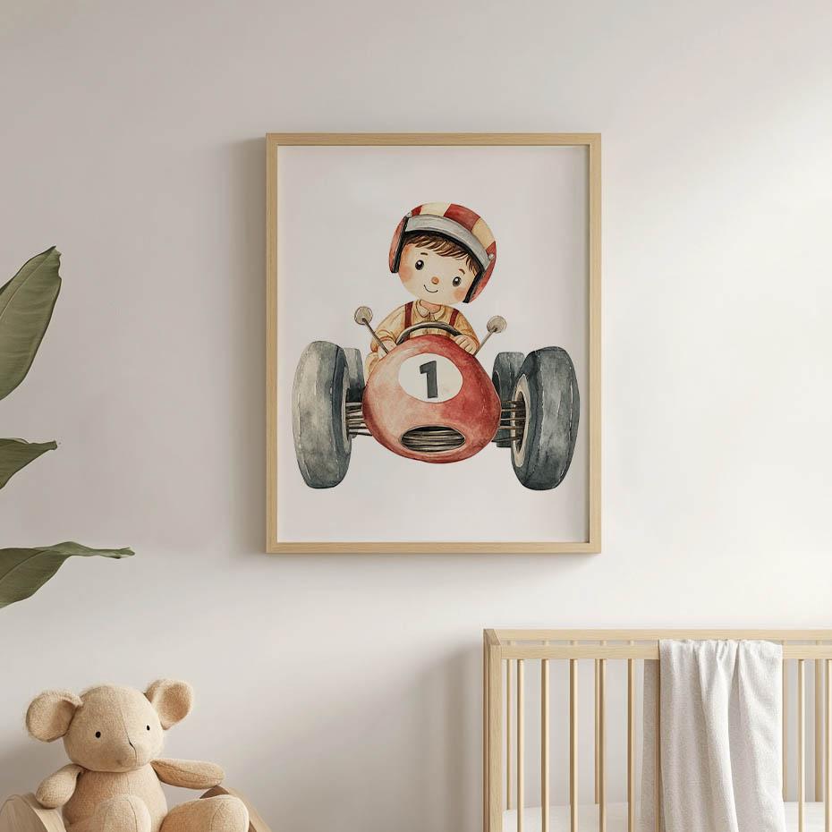 Boy In a Racing Car Poster Boy In a Racing Car Poster, 50X70 Cm, Frameless, Premium Canvas On Stretcher