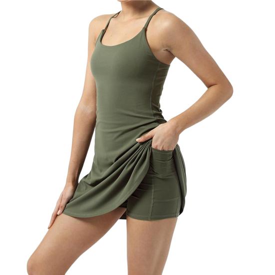 Women's Sleeveless Tennis Dress with Shorts And Pockets Spaghetti Strap Racerback Mini Dress Workout Athletic Dresses for Golf Running
