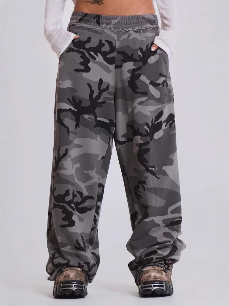 Unisex American Street Retro Camouflage Print Pants Women Y2K Frayed Loose Straight Casual Trousers Spring Summer Autumn