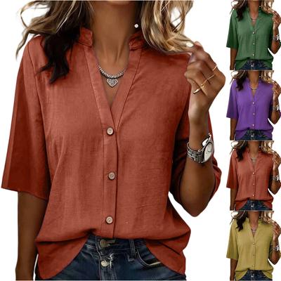 Women’s 3/4 Sleeve Casual Button Down Shirt Linen Relaxed Fit Tunic Top with V Neck and Stand Collar