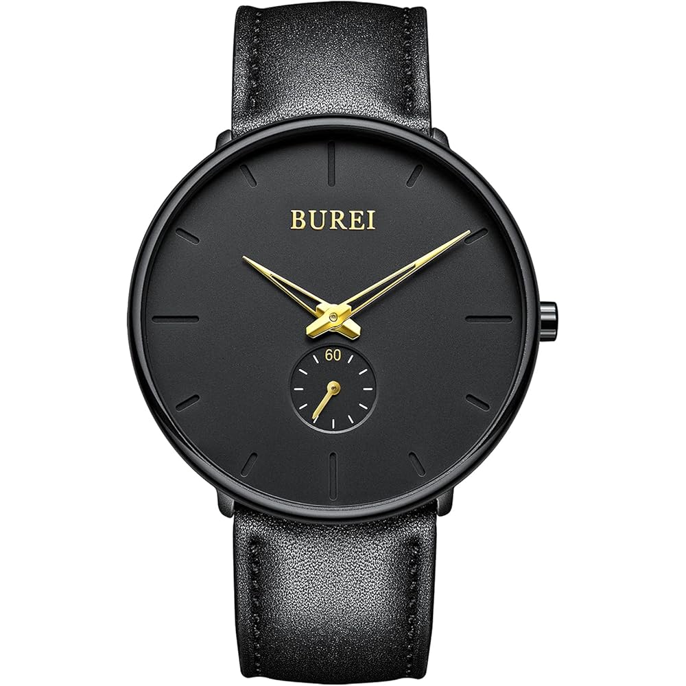 BUREI Men s Simple Stylish Black Watch Waterproof Leather Band