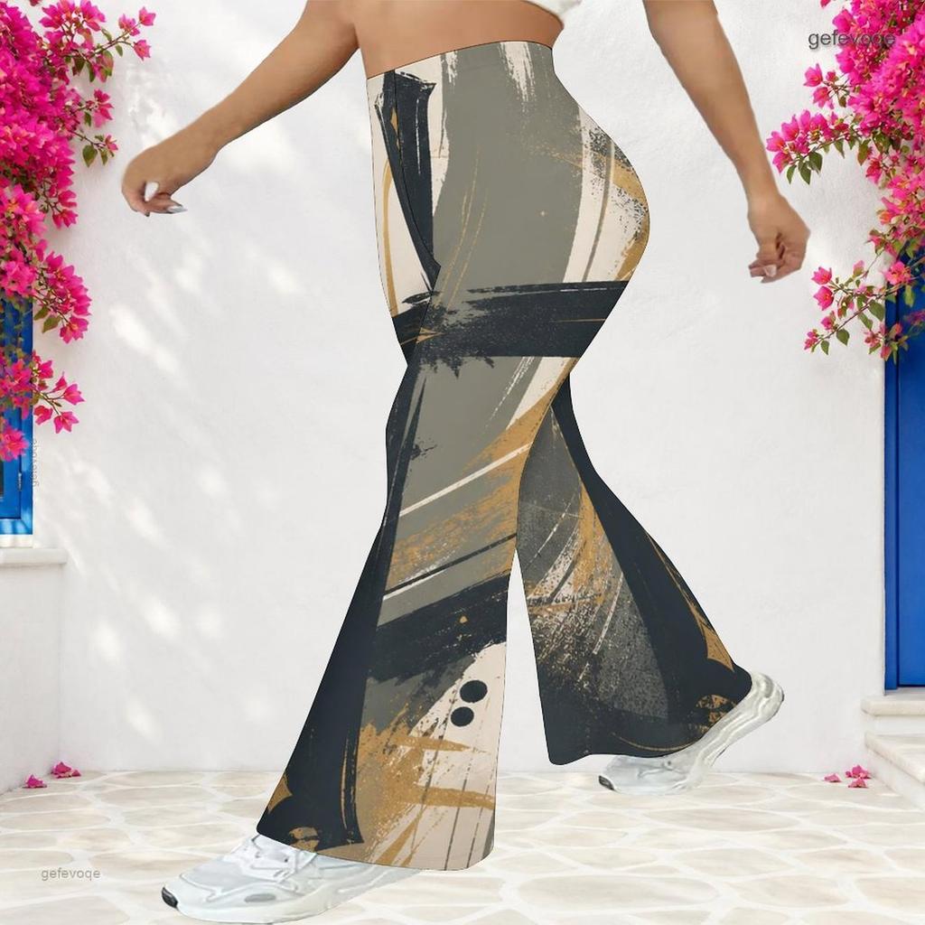 Women Plus Size High Waist Red Blue Star Printed Full Length Flared Pants