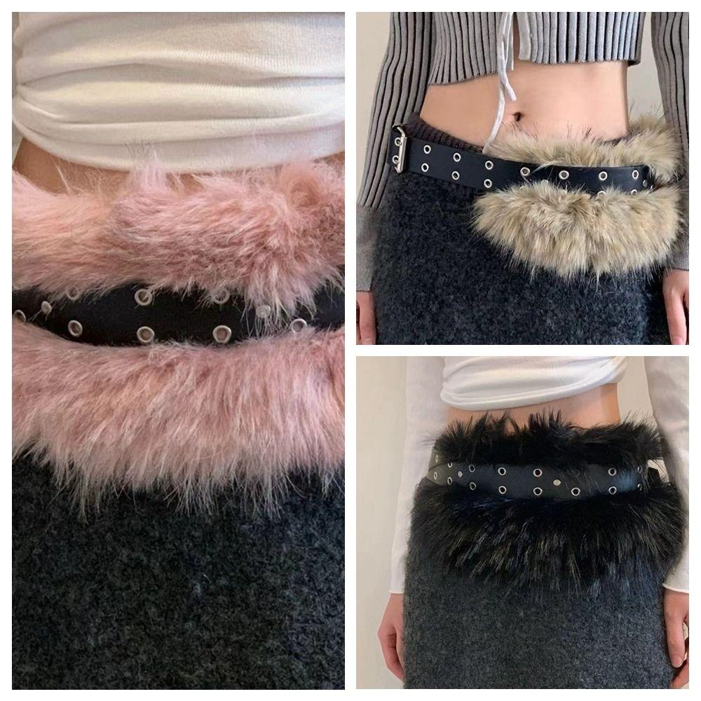 Rivet Leather Fur Belt PU Leather Y2K Waistband Personality Plush Belt  Female/Girls