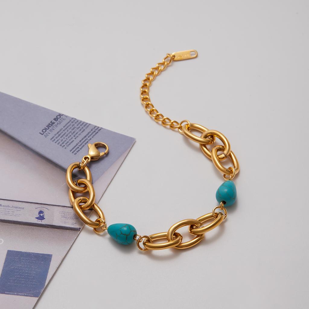Youthway Retro - Style Blue Turquoise Bracelet With Stainless Steel 18K Gold Color - Plated O - Chain Design For Women