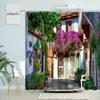 Greece Street View Shower Curtain Village Town Old Stone Brick Wall Green Plant Flowers Scenery Bathroom Decor Waterproof Screen