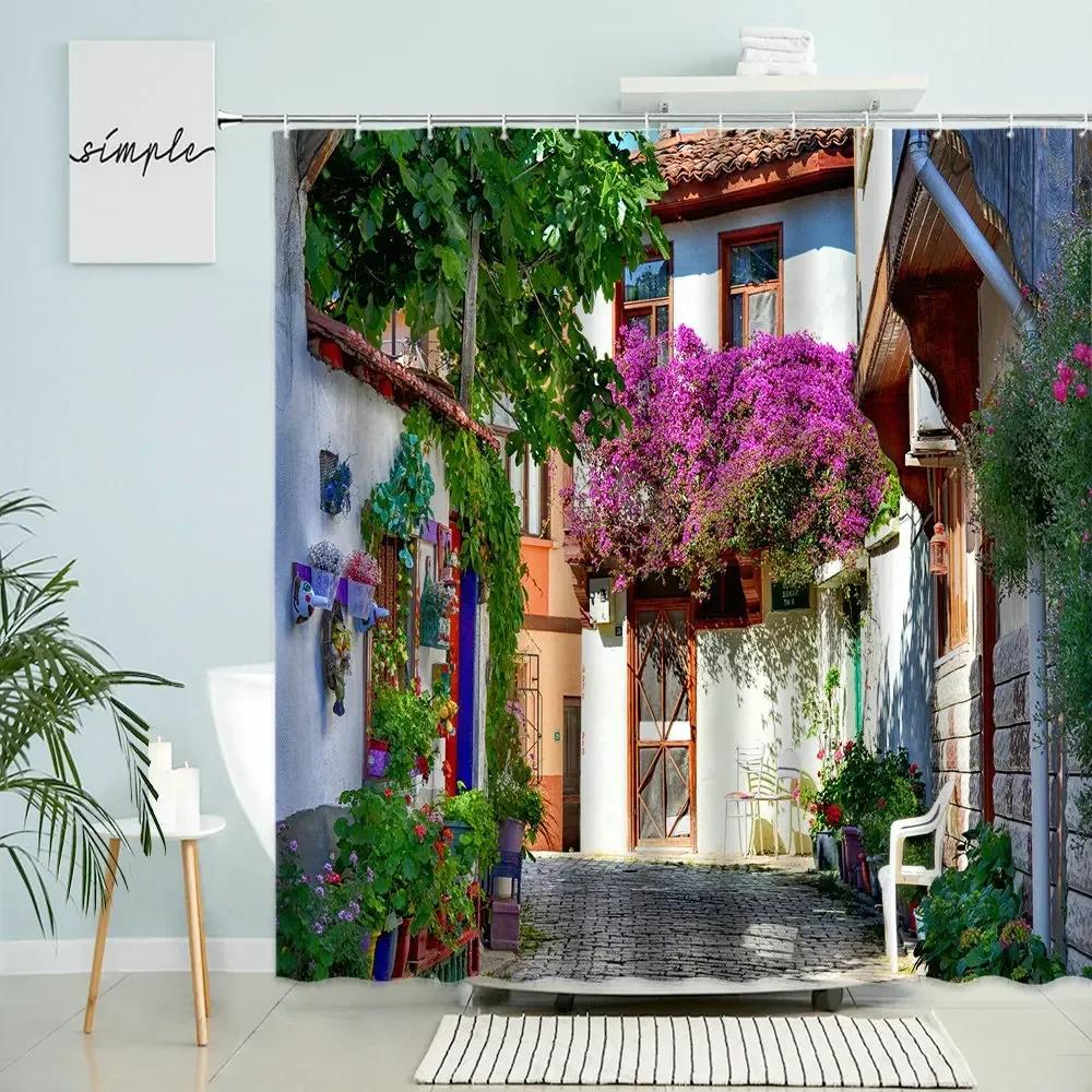 Greece Street View Shower Curtain Village Town Old Stone Brick Wall Green Plant Flowers Scenery Bathroom Decor Waterproof Screen