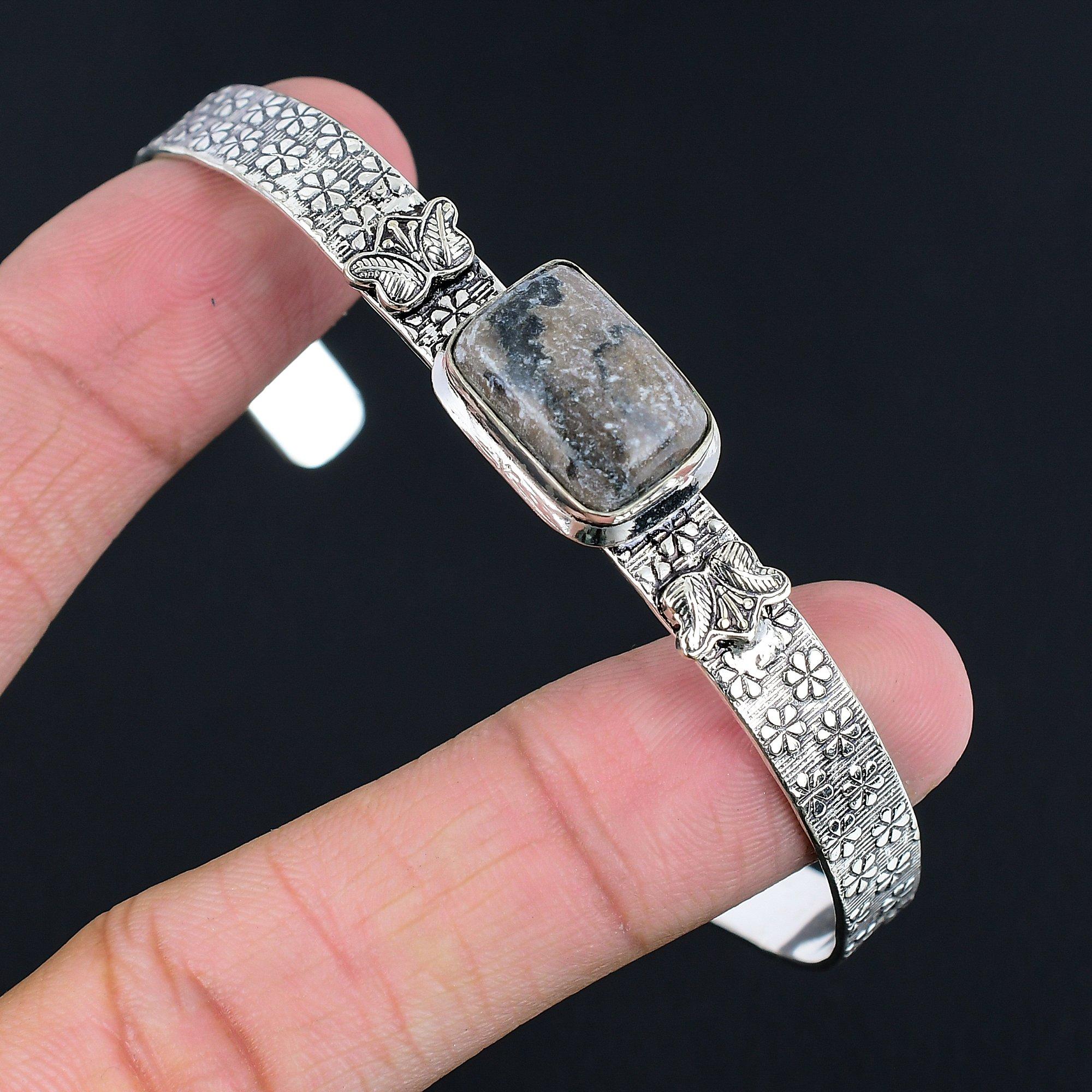 

Radiant Spider Web Jasper Gemstone Sterling Silver Anniversary Bangle Jewelry Adjustable