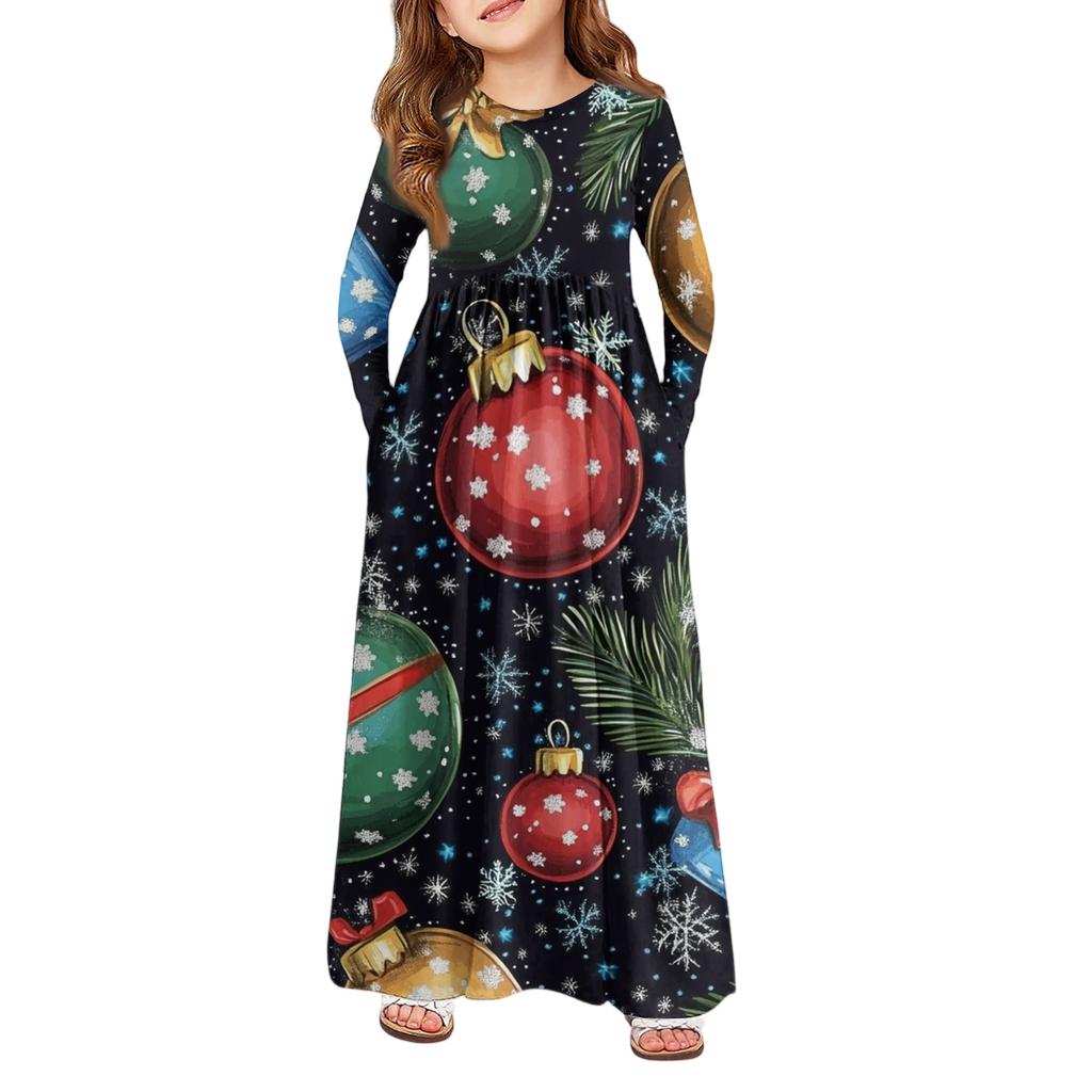 Girls' Maxi Dress - Long Sleeve Pocket Dress Christmas Day