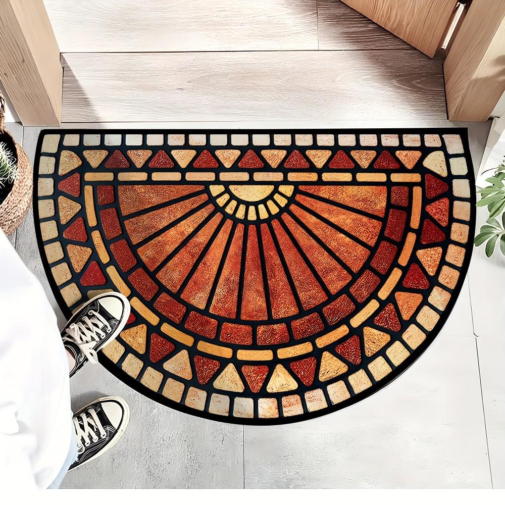 American Vintage Half Round Doormat Warm Orange Geometric Mosaic Pattern Entryway Foyer Bathroom Carpet Home Decor