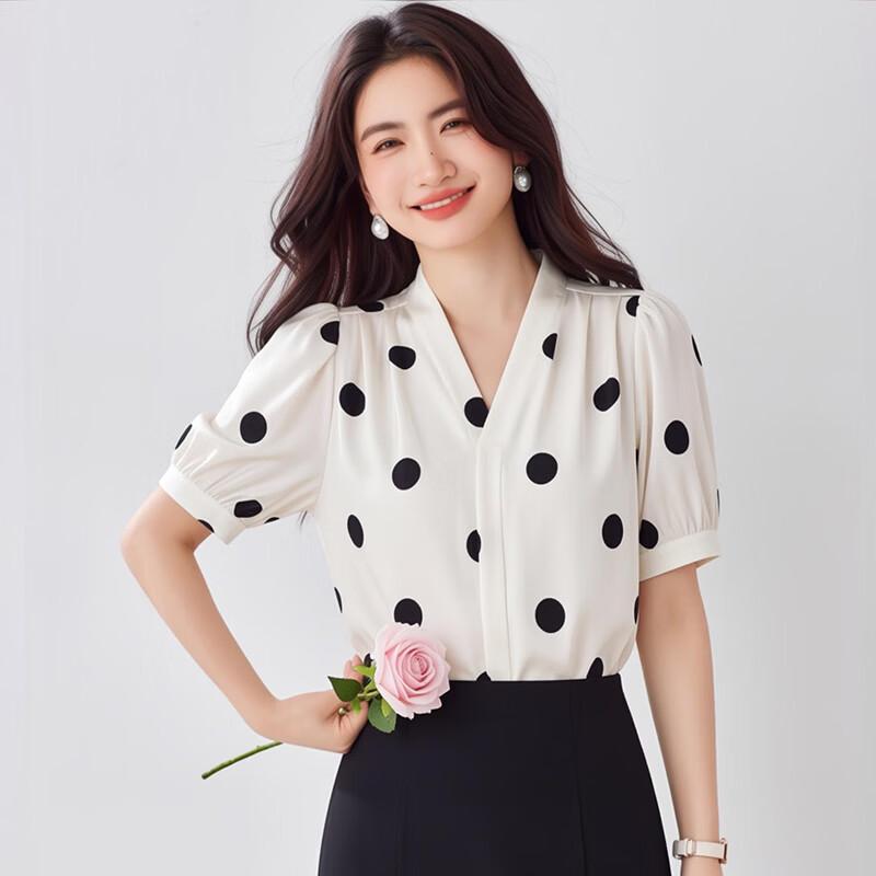 La Chapelle Women s French Retro Polka Dot V-Neck Blouse M