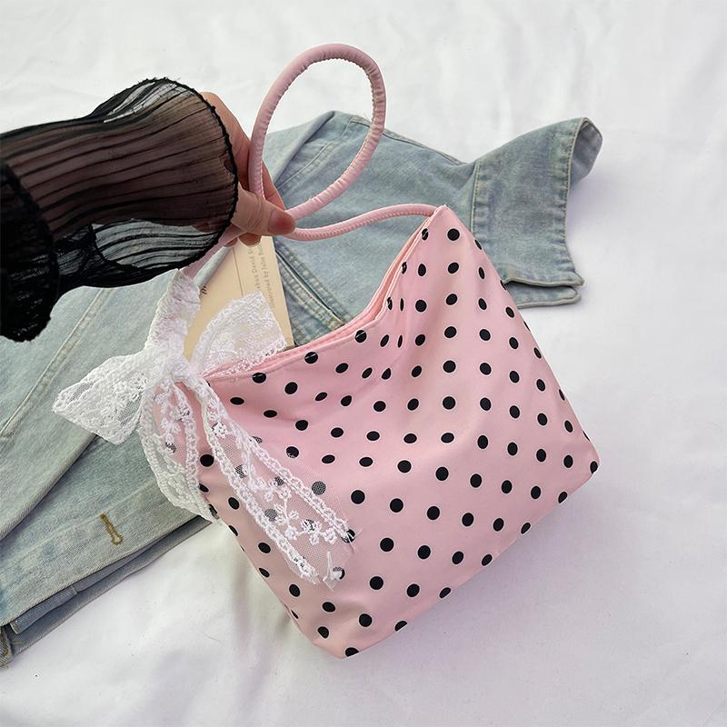 

Polka Dot Nylon Shoulder Bag Cute Lace Bow Decor Casual Hobo Bag Lightweight Daily Purse Handbag Vertical Square Underarm Bag рожевий