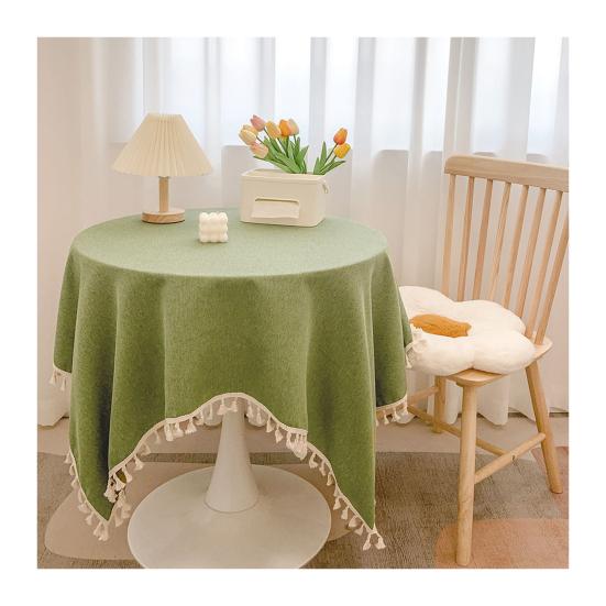 Tovaglia in Cotone e Lino con Bordi Frangiati, Tovaglia Monocolore Lavabile con Nappe, Copritavola Rotondo per Cucina Sala da Pranzo