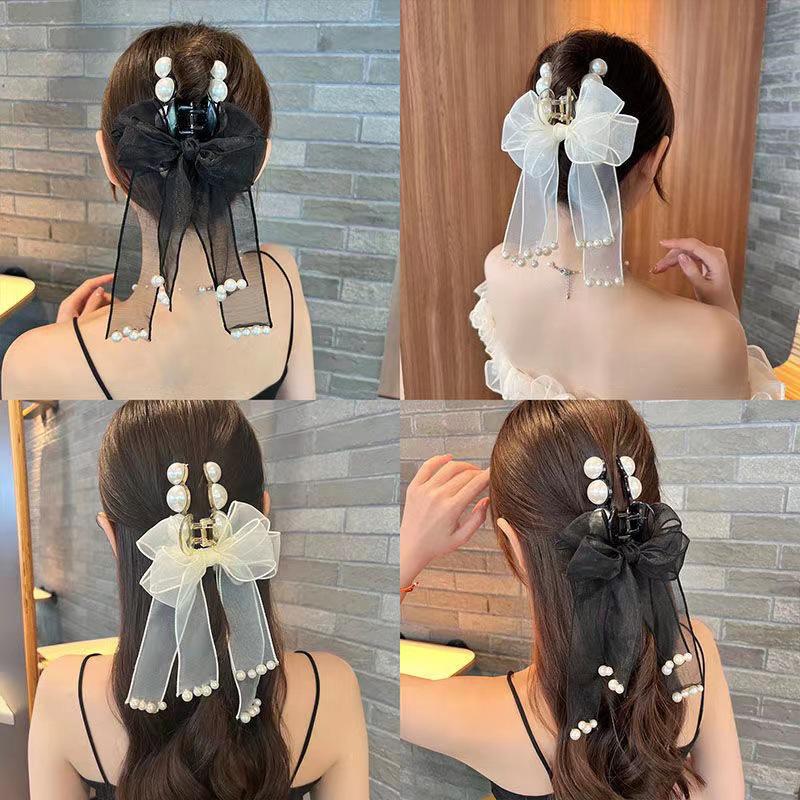 Large Bow Pearl Hair Grab Clip Super Fairy Gauze Ribbon Shark Pin For Women Back Of Head Hair Accessories