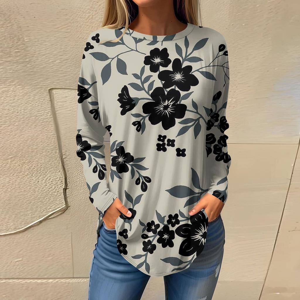 Women's Fashion Casual Round Neck Floral Long Sleeve T-shirt Pullover Long Sleeve Top