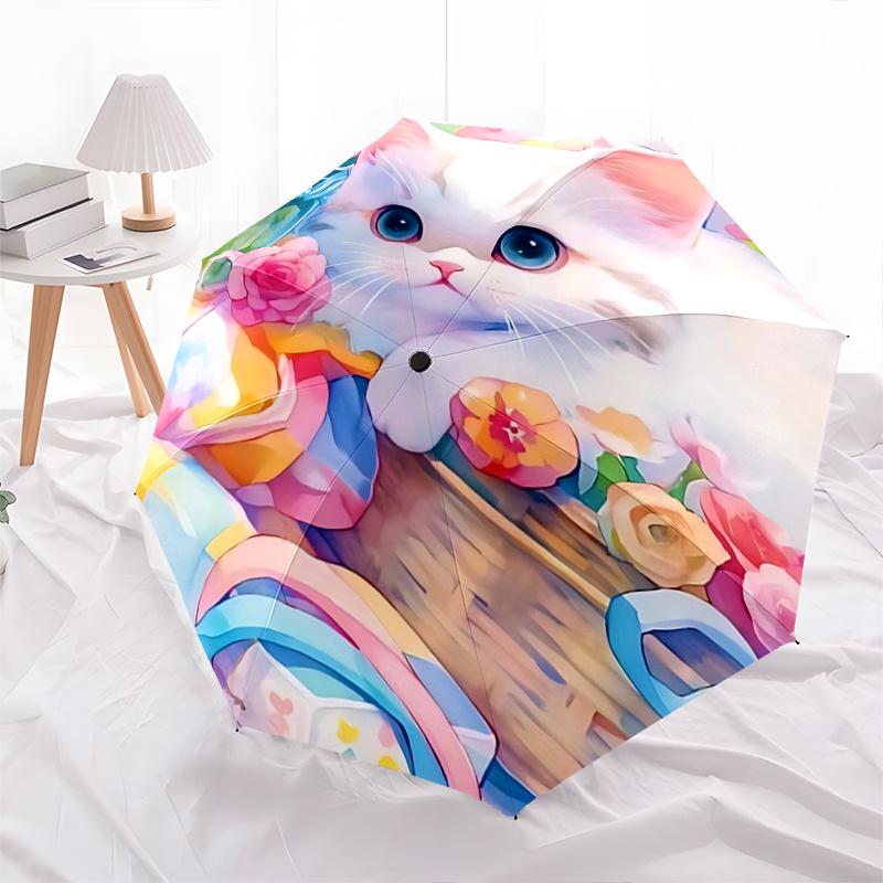 1pc Floral Basket with Cute Cat Automatic Opening Folding Umbrella, Portable Design, 8-Bone Iron Frame, Outdoor, Perfect Gift for Fans, Travelers