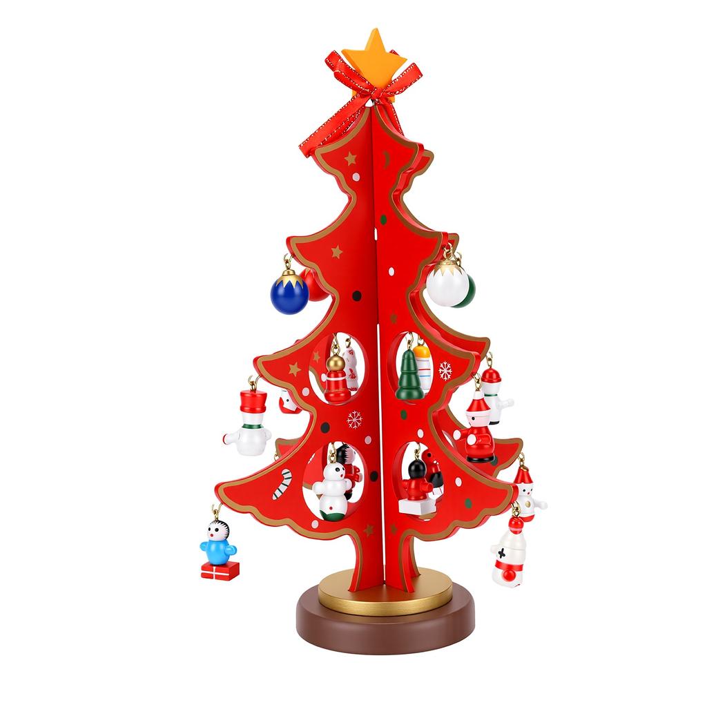 Wooden Xmas Tree DIY Kit Desktop Holiday Decor with Hanging Ornaments for Home Store Window Small Xmas Tree Red